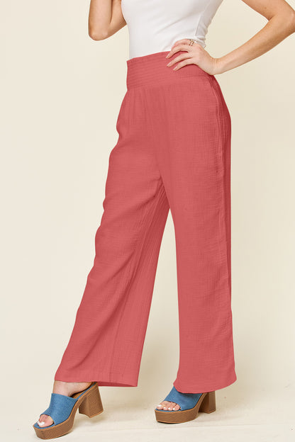 Textured Smocked Waist Wide Leg Pants