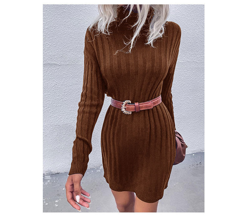 Women's Pit Strip Turtleneck Long Sleeve Loose Sweater Dress Brown