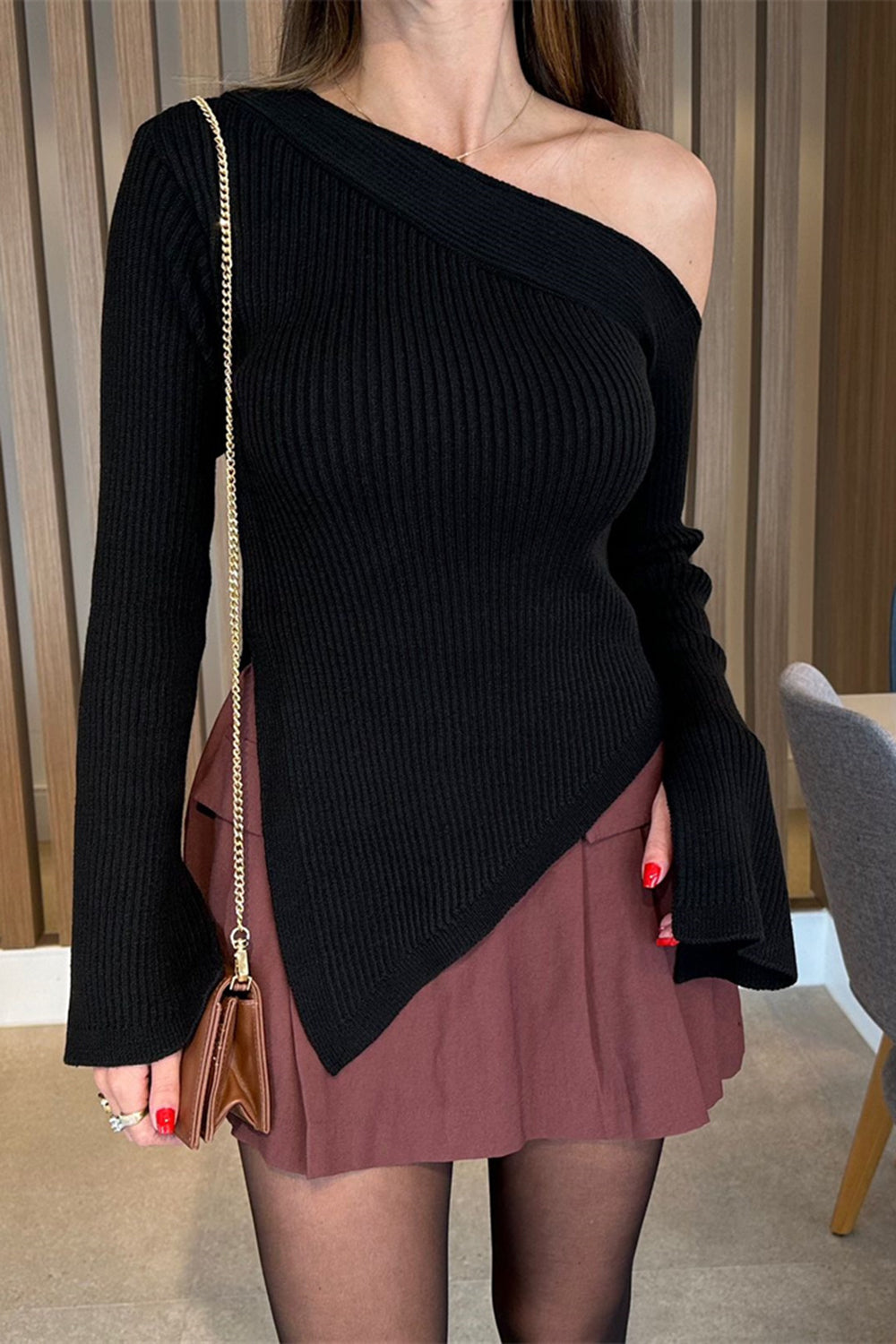 Asymmetric Hem Single Shoulder Sweater Black