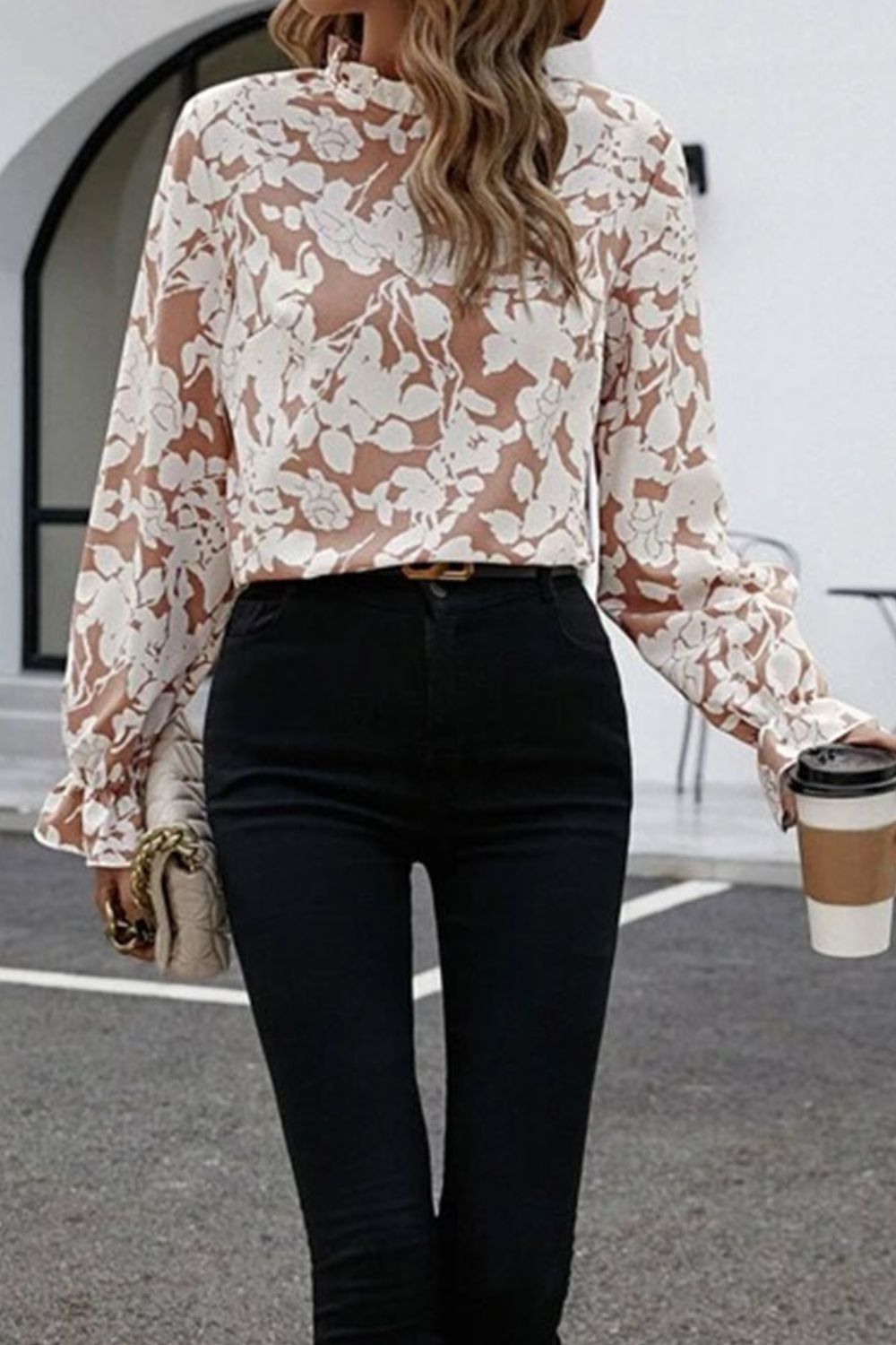 Floral Print Mock Neck Flounce Sleeve Blouse Floral