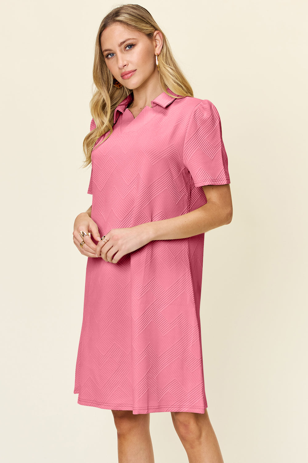 Textured Collared Short Sleeve Dress Blush Pink