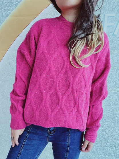 Diamond Round Neck Long Sleeve Sweater Hot Pink One Size