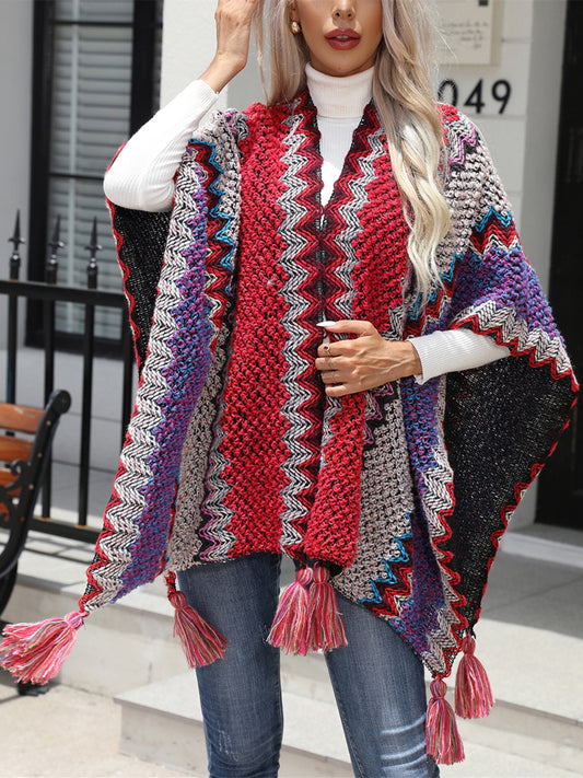 Striped Open Front Poncho with Tassels Multicolor