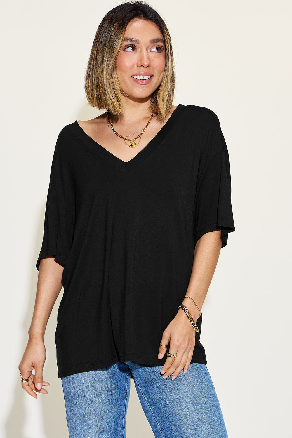 Relaxed Fit Bamboo Tee with Drop Shoulder Black