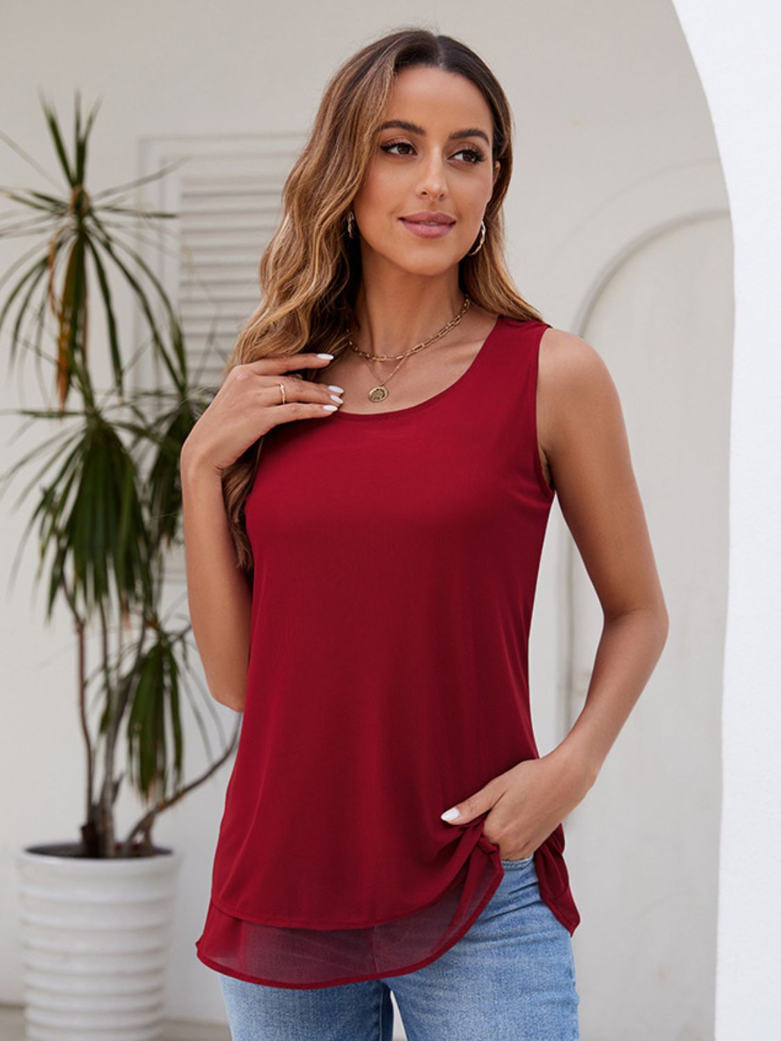 Double Layer Mesh Scoop Neck Wide Strap Tank Deep Red
