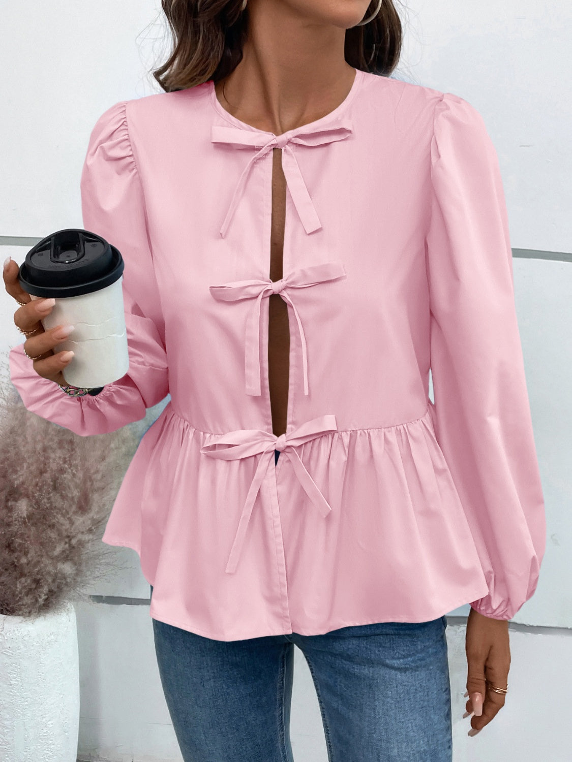 Peplum Tied Long Sleeve Blouse