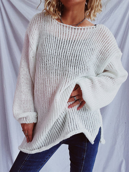 Boat Neck Dropped Shoulder Sweater White One Size