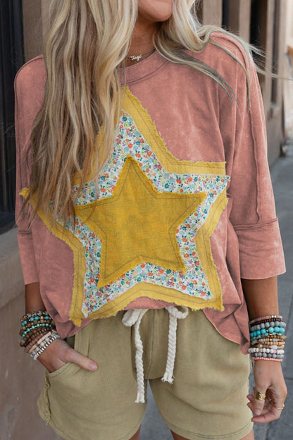 Star Applique Round Neck T-Shirt Dusty Pink