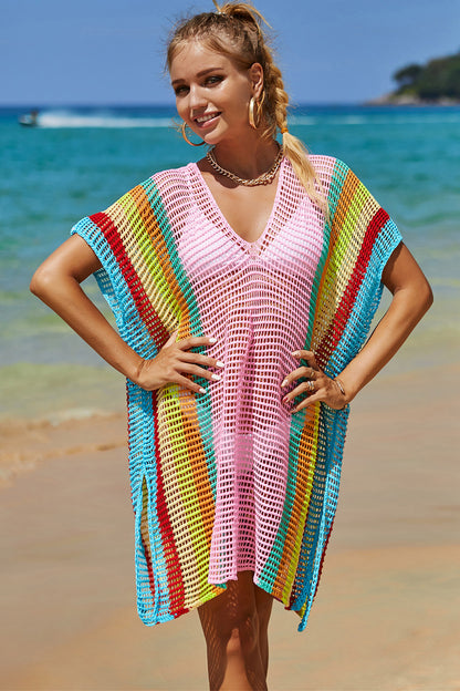 Lightweight Openwork Striped Knit Beach Cover-Up