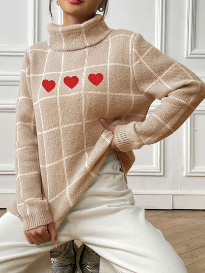 Heart Plaid Turtleneck Long Sleeve Sweater