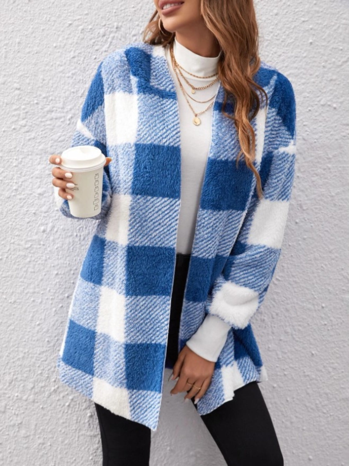 Plaid Long Sleeve Hooded Coat Blue