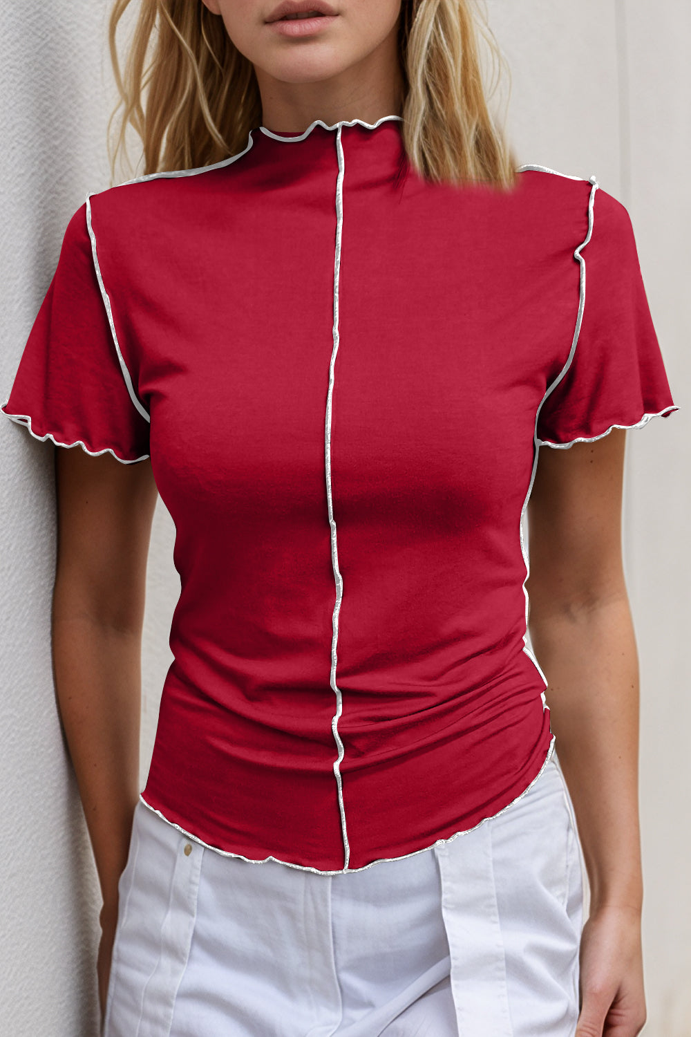 Basic Bae Contrast Trim Mock Neck Short Sleeve T-Shirt Scarlet