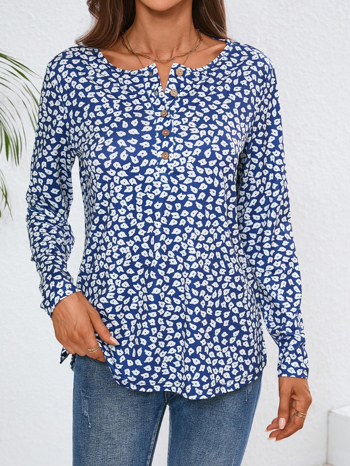 Quarter Button Printed Round Neck Long Sleeve Top Royal Blue