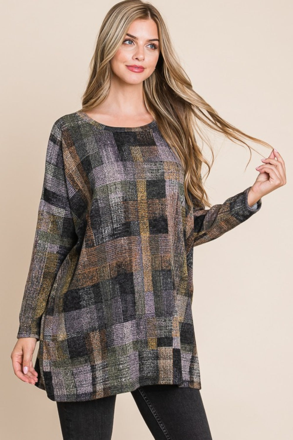 BOMBOM Plaid Round Neck Long Sleeve Top Multi