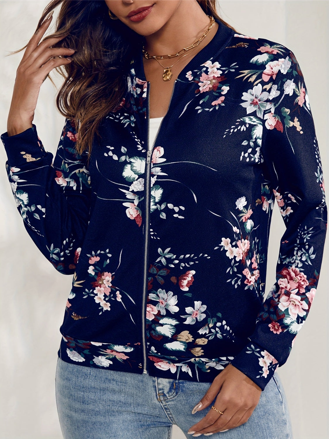 Printed Zip Up Long Sleeve Outerwear Dark Navy