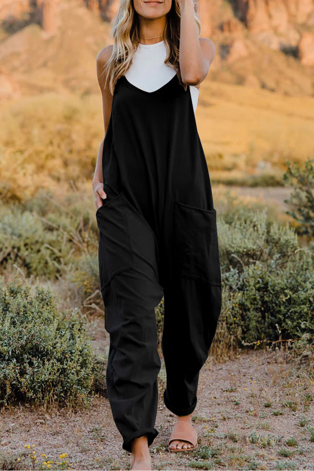 Sleeveless V-Neck Jumpsuit with Pockets Black