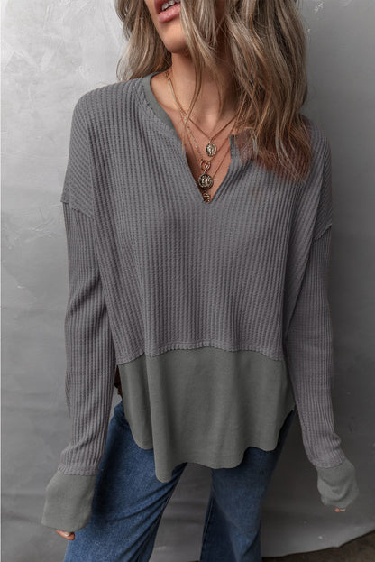 Waffle-Knit Exposed Seam Notched Long Sleeve Top Dark Gray