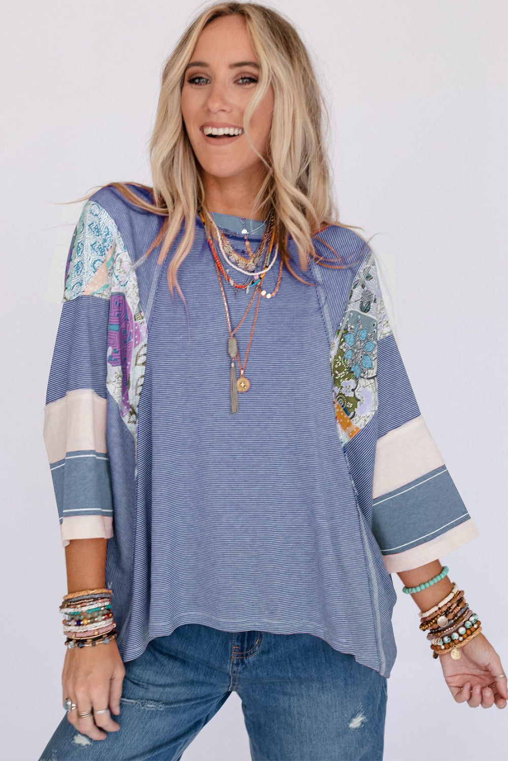 Striped Floral Patchwork Round Neck Top