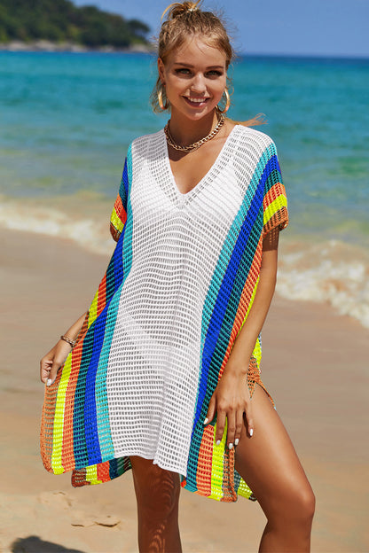 Lightweight Openwork Striped Knit Beach Cover-Up