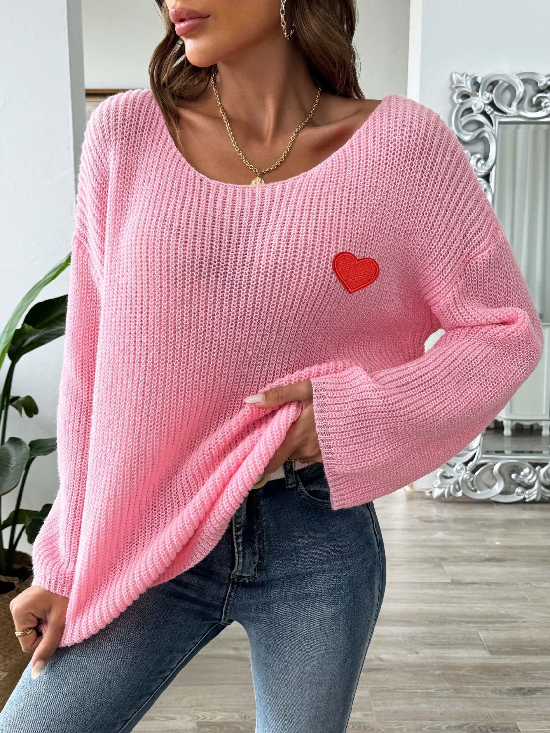 Heart Boat Neck Dropped Shoulder Sweater