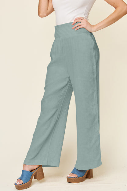 Textured Smocked Waist Wide Leg Pants