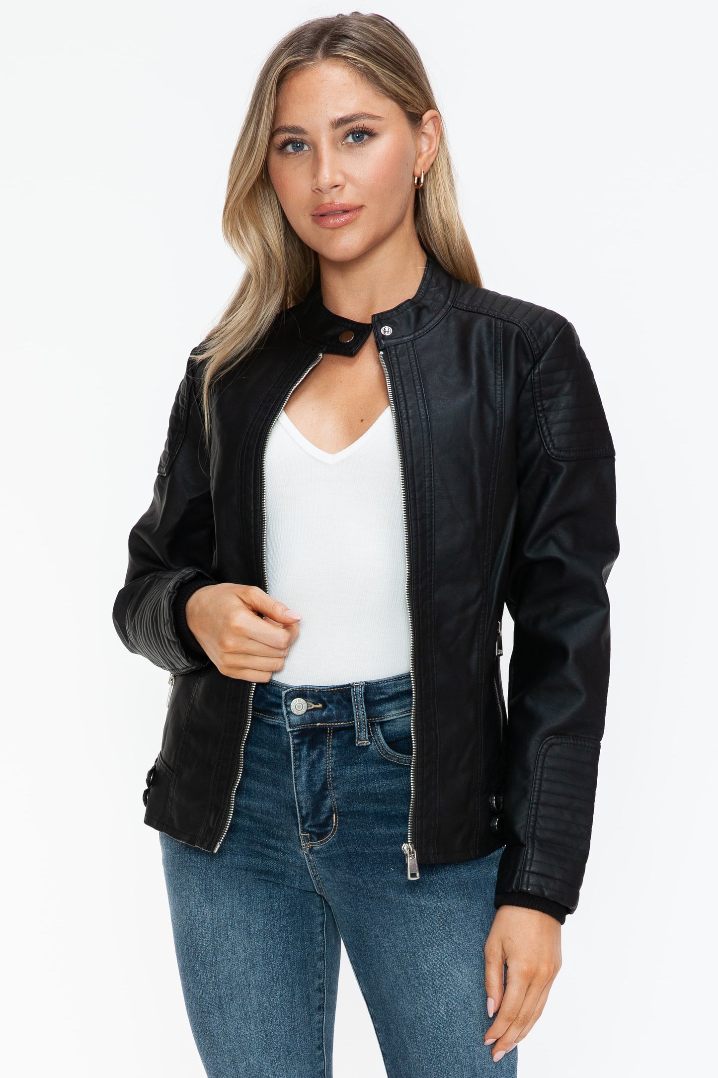 Snobbish Faux Leather Biker Jacket with Side Zip Pockets Black