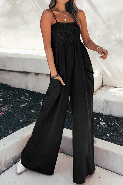 Smocked Spaghetti Strap Wide Leg Jumpsuit Black