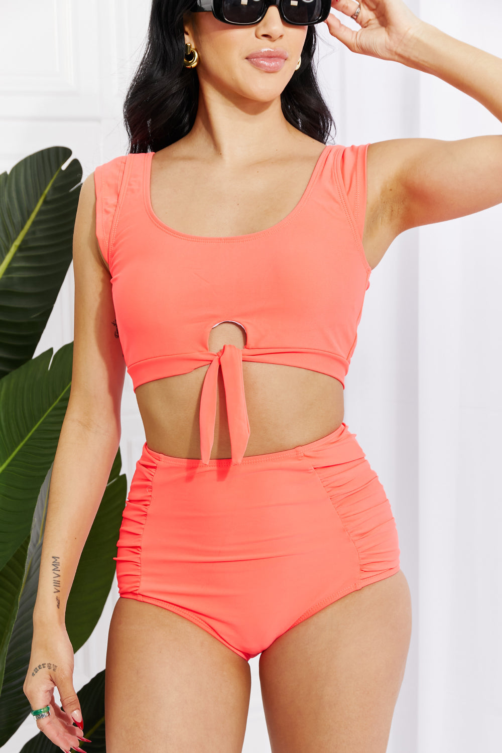 Coral Ruffle High-Waisted Crop Bikini Set