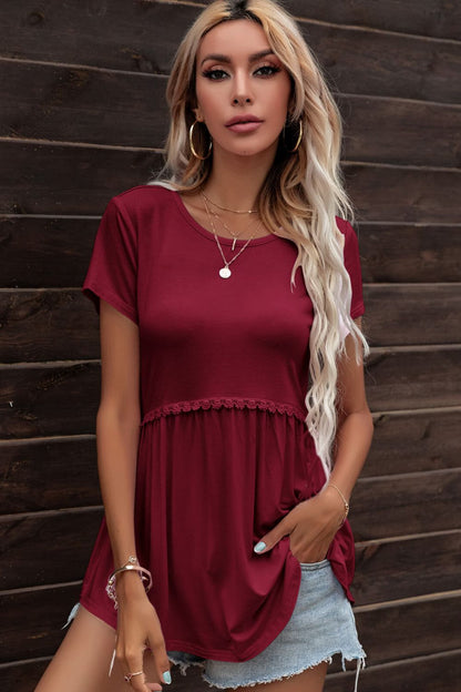 Lace Trim Round Neck Tunic Top Wine