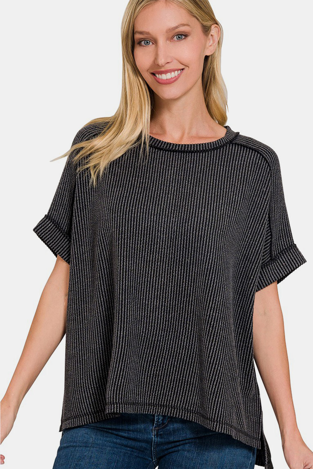 Zenana Ribbed Exposed Seam High-Low T-Shirt Charcoal