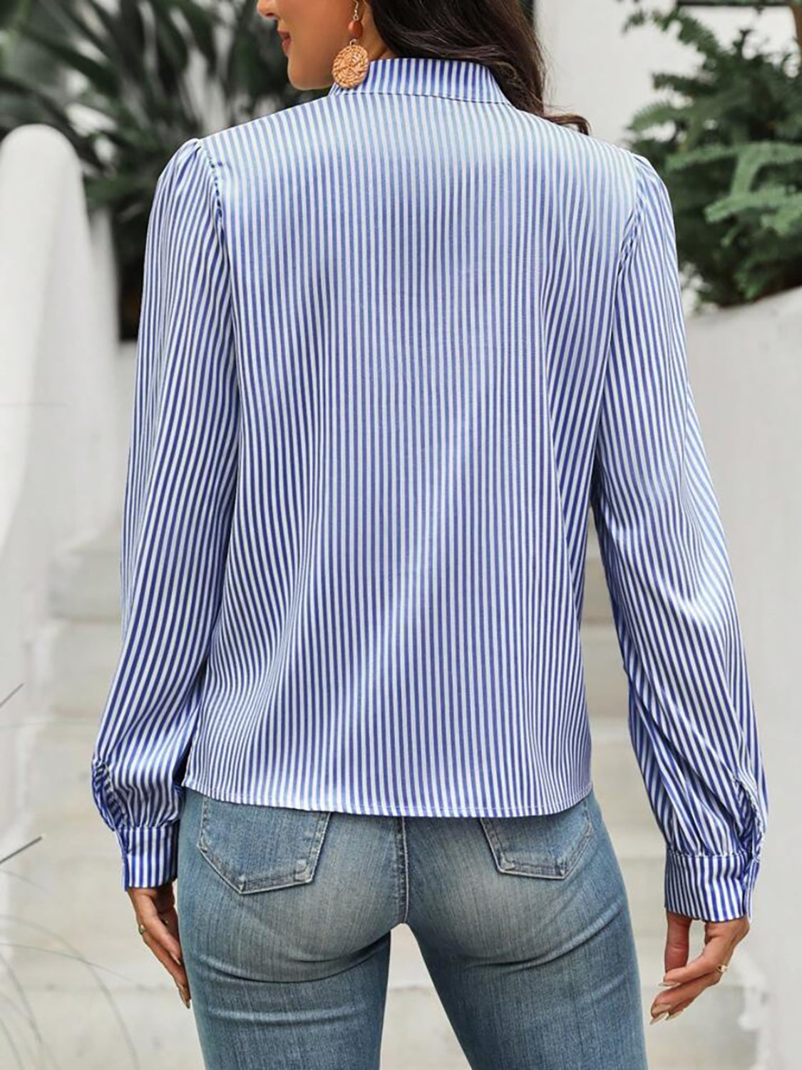 Striped Tie Neck Long Sleeve Blouse