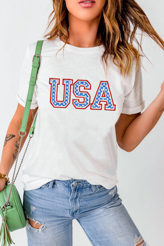 USA Graphic Embroidered Round Neck T-Shirt White