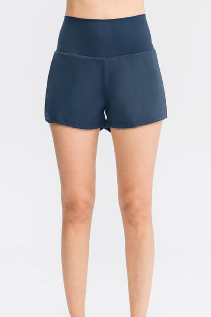 Wide Waistband Sports Shorts with Pockets Dark Blue