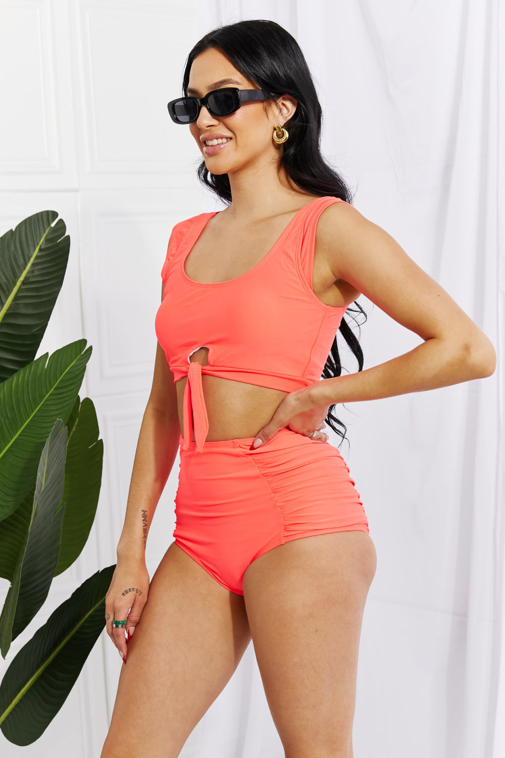 Coral Ruffle High-Waisted Crop Bikini Set