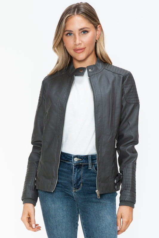 Snobbish Faux Leather Biker Jacket with Side Zip Pockets Charcoal