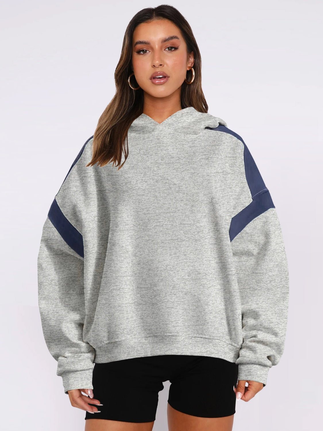 Contrast Dropped Shoulder Long Sleeve Hoodie Light Gray