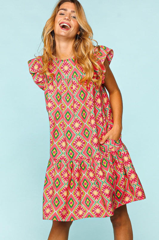 Haptics Full Size Ruffled Printed Dress with Side Pockets Coral