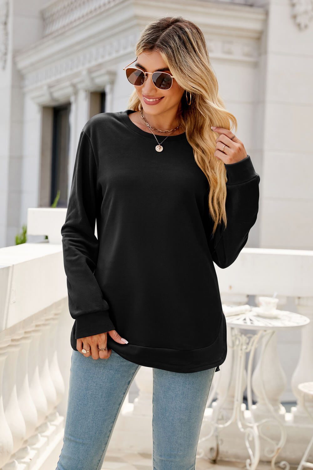 Round Neck Slit Tunic Top Black