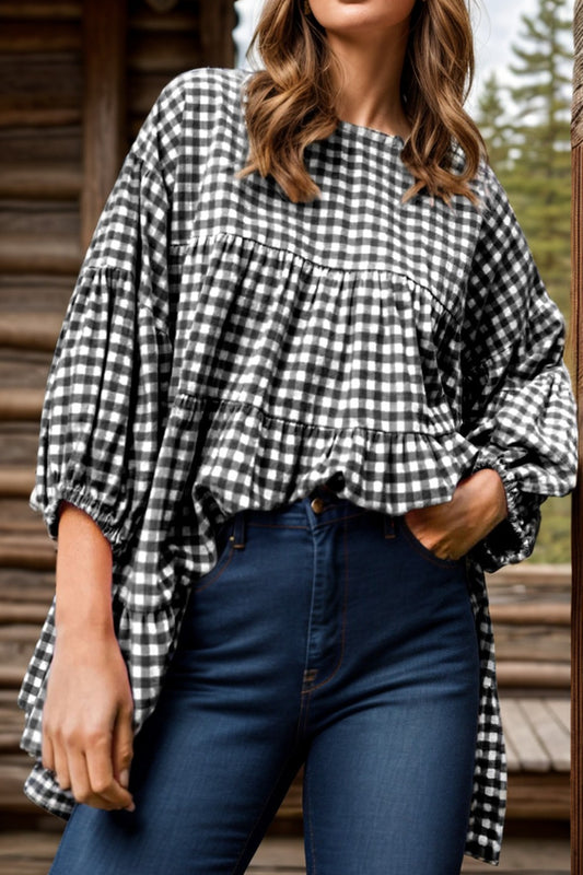 Tiered Plaid Round Neck Long Sleeve Blouse Plaid