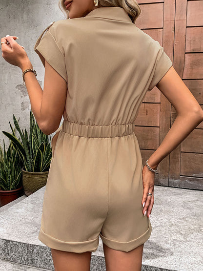 Collared Neck Tie Waist Romper with Pockets