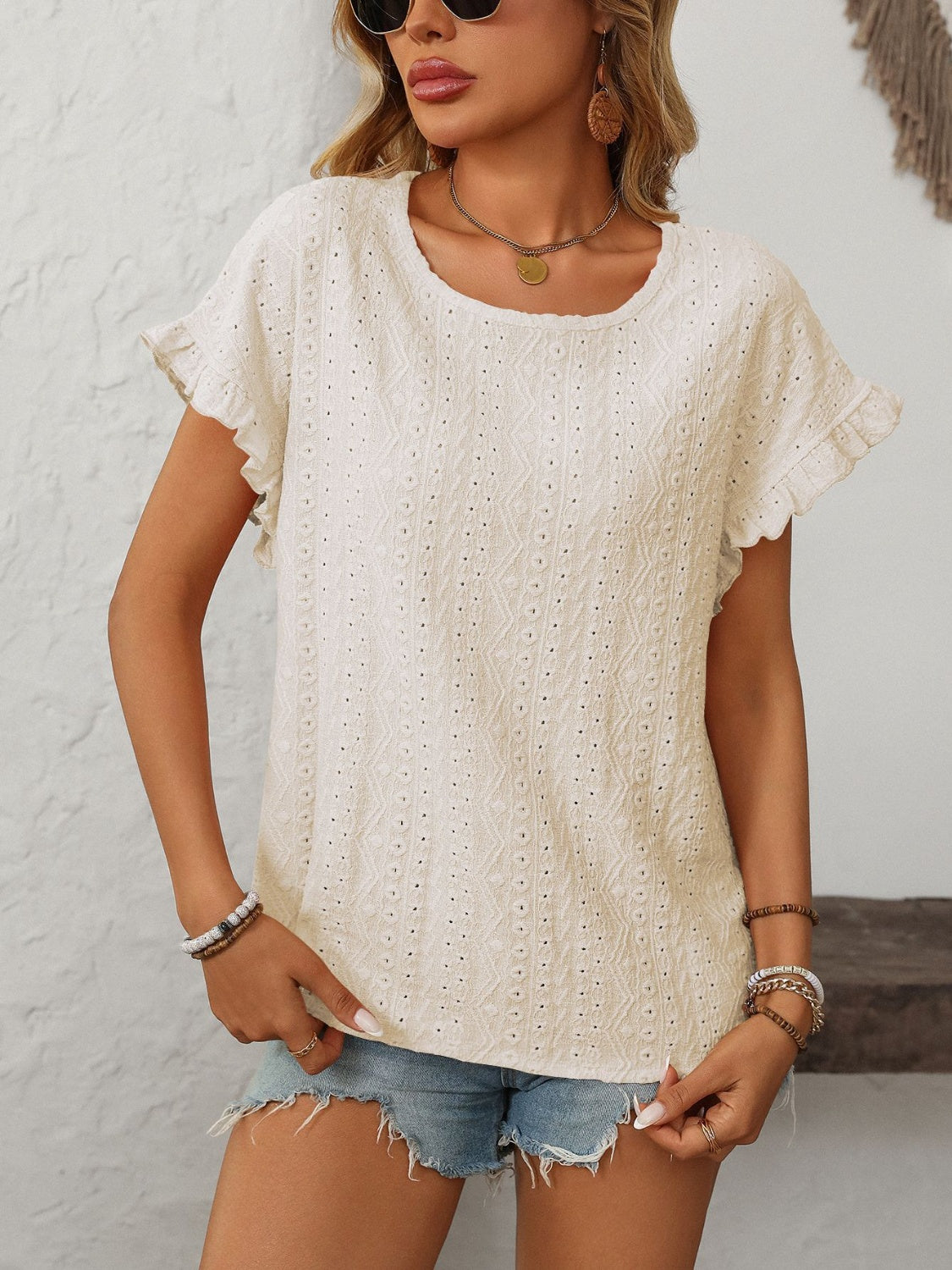 Mandy Eyelet Round Neck Short Sleeve Top Cream