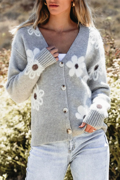 Flower Button Up Long Sleeve Cardigan Gray