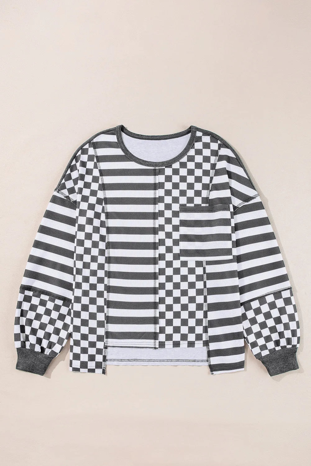 Checker & Stripes Round Neck Long Sleeve Blouse Black