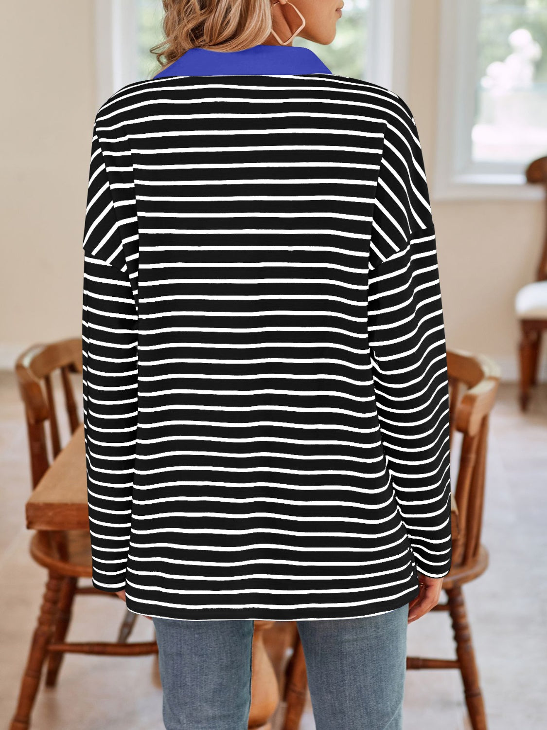 Lovelet Striped Johnny Collar Long Sleeve T-Shirt