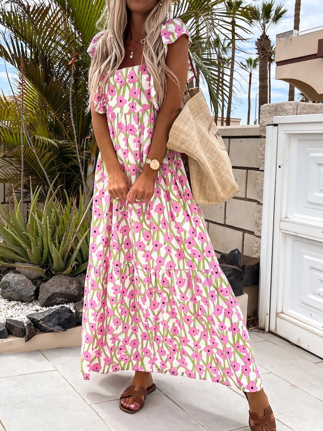 Printed Ruffle Midi Dress Blush Pink