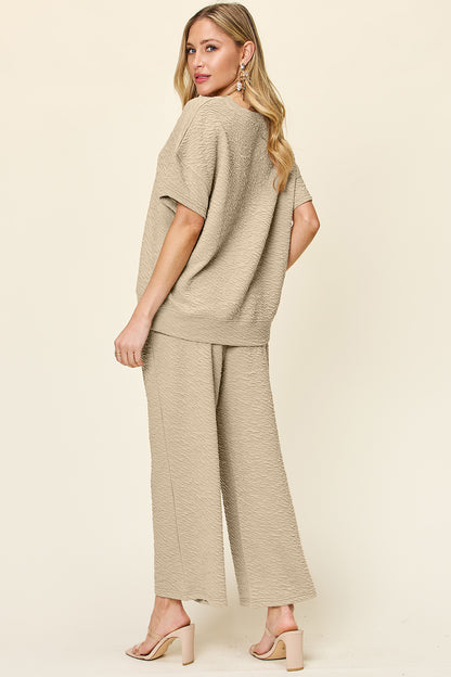 Textured Knit Short Sleeve Top and Pants Set