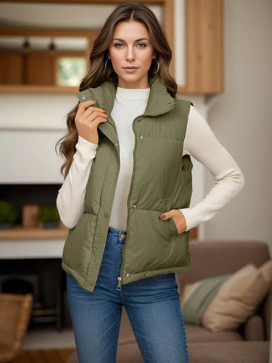 Pocketed Zip Up Vest Coat Army Green