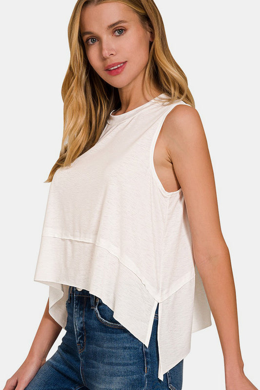 Zenana Slit High-Low Round Neck Tank Ivory