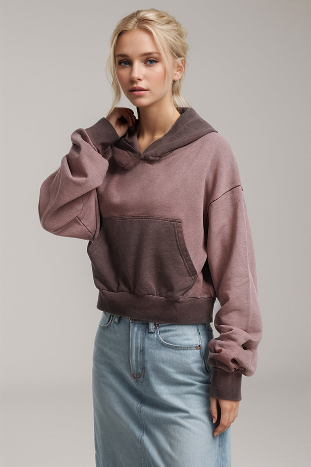 Basic Bae Kangaroo Pocket Long Sleeve Cropped Hoodie Grayish Purple