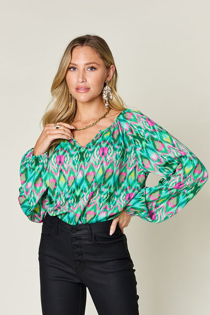 Opaque Printed Balloon Sleeve Top Mid Green